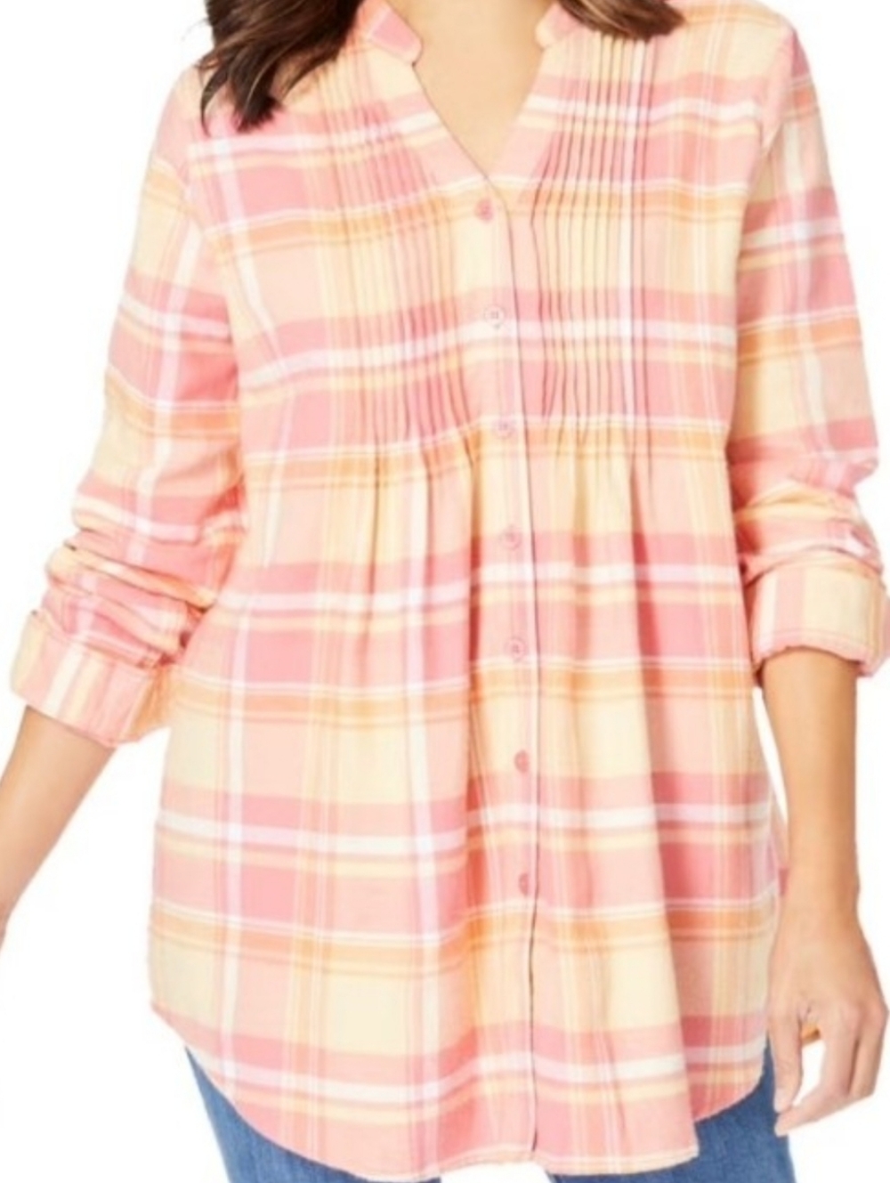 Plus: Woman Within Orange and Yellow Plaid Button-Front Tunic - Picture 6 of 7
